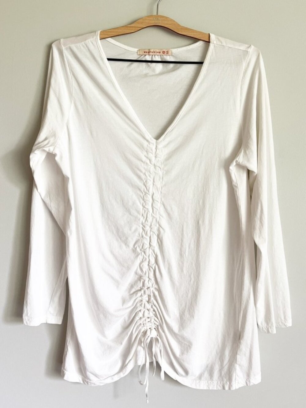 XCVI Wearables Top Size XL V-Neck Long Sleeve‎ Cinched Front White 100% Cotton